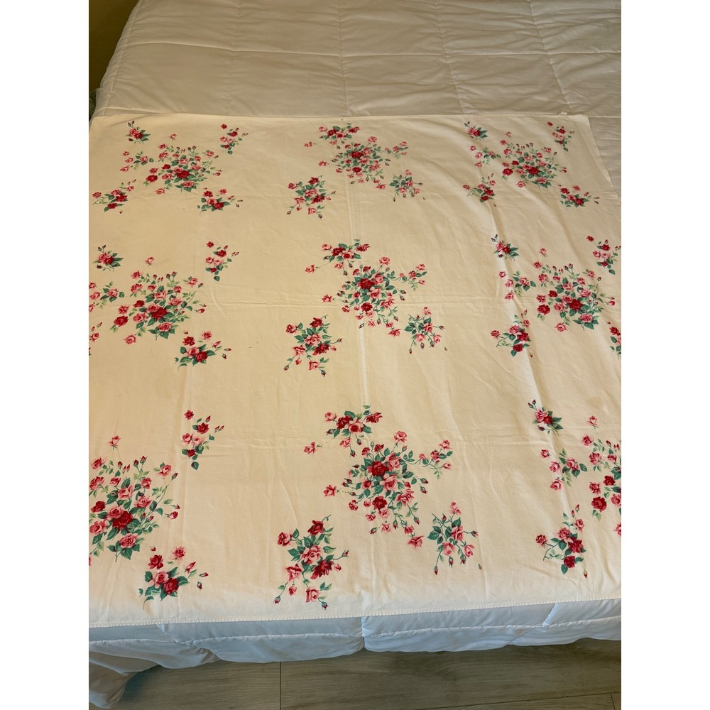 Vintage Wilendur Cotton Tablecloth Red Pink Rose Floral Cottagecore Mid Century